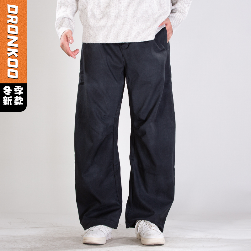 DRONKOO 2025 松紧腰左侧字母刺绣后织带扎染复合厚绒厚休闲长裤