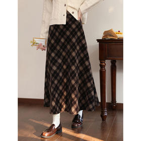 鹿向南「焦糖松露」复古咖色格子半身裙女秋冬新款显瘦A字中长裙