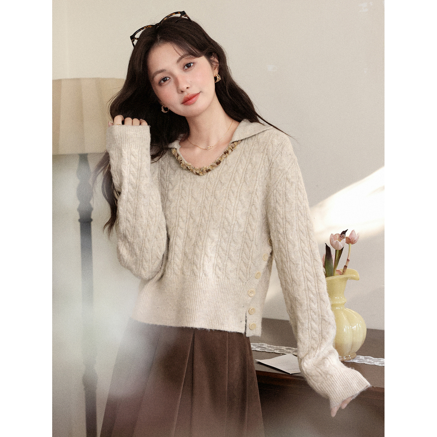 鹿向南「秋颂日记」花杏色气质毛衣女秋新款法式落肩长袖外穿上衣