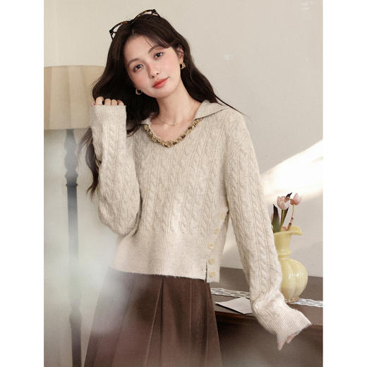 鹿向南「秋颂日记」花杏色气质毛衣女秋新款法式落肩长袖外穿上衣 商品图0