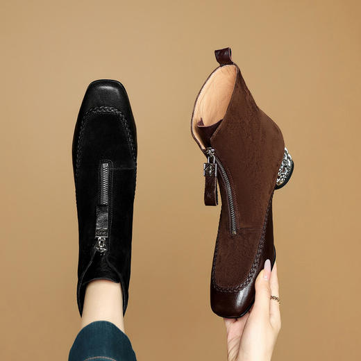 【预售5天】复古方头真皮粗跟短靴女秋冬新款前拉链软底骑士靴百搭单靴中跟靴NJMK&K1763 商品图1