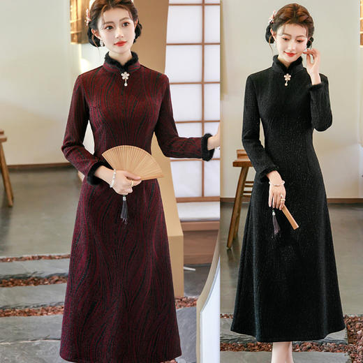 A412695新中式长袖秋冬旗袍女2025年新款改良妈妈款高级感加绒加厚连衣裙 商品图1
