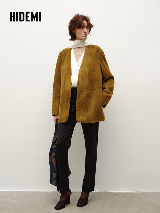 HIDEMI 橄榄姜绿进口长绒绵羊皮麂皮皮衣v领大廓形垫肩西装 商品图8