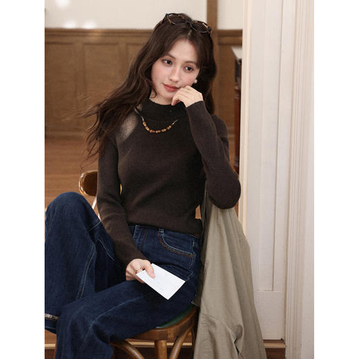 鹿向南「秋日暖咖」咖色半高领打底针织衫女秋冬新款显瘦长袖上衣 商品图4