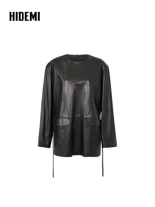 HIDEMI 【吴越同款】进口西班牙胎羊皮经典圆领宽肩套头廓形西装皮衣外套 商品图7