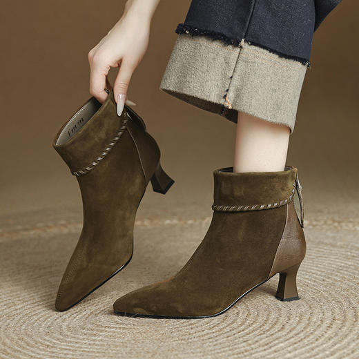 【预售5天】时尚秋冬新款尖头短靴女后拉链气质显瘦时装靴磨砂皮踝靴HCYYHD&6653 商品图0