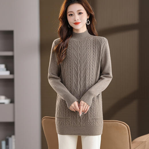 FCFQ67723 中长款长袖外穿毛衣女秋冬季新款宽松半高领口袋气质针织打底衫潮 商品图2