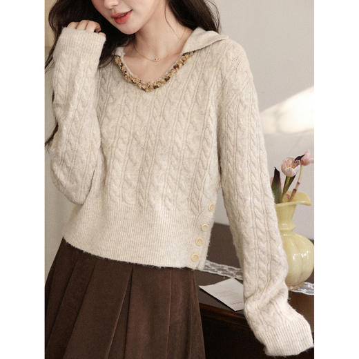 鹿向南「秋颂日记」花杏色气质毛衣女秋新款法式落肩长袖外穿上衣 商品图3