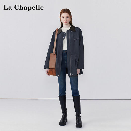 拉夏贝尔/La Chapelle皮翻领翻盖口袋外套女复古时髦宽松休闲夹克上衣 商品图1