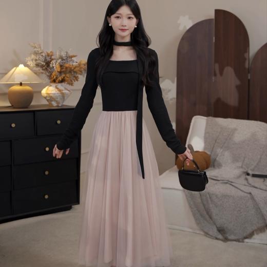 鹿向南「微醺玫瑰」韩系气质温柔千金风女秋冬设计感假两件连衣裙 商品图1