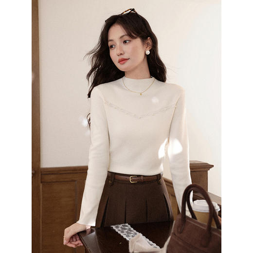 鹿向南「百搭内搭」半高领正肩杏色针织衫女早秋修身长袖打底衫 商品图3