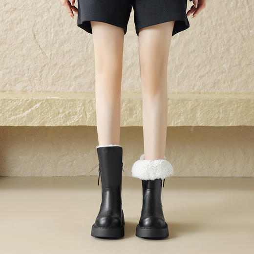 【预售5天】秋冬新款圆头简约保暖毛毛靴短靴牛皮羊羔毛中跟粗跟防滑保暖雪地靴MX&cs28399 商品图4