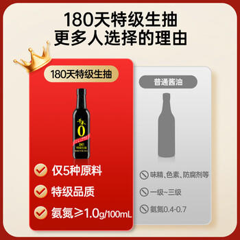千禾零添加 180天酱油 500ml【0添加特级生抽】酿造炒菜凉拌调料调味 /粮油调味 /调味品 /酱油 商品图1