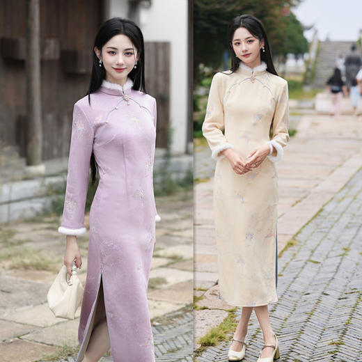 麂皮绒绣花超柔年轻少女款长袖旗袍2025冬新款改良新中式日常旗袍 商品图0