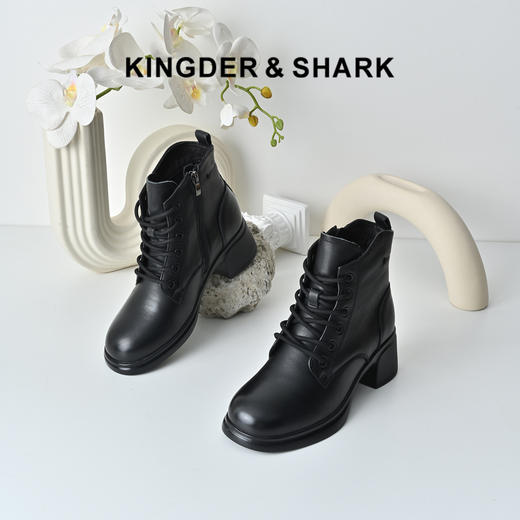 经典鲨2025年冬专柜新款牛皮革加绒侧拉链显瘦中粗跟短靴女KW57-558071 商品图0