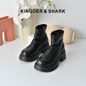 经典鲨2025年冬季专柜新品百搭圆头加绒侧拉链短筒马丁靴女KW230-558021