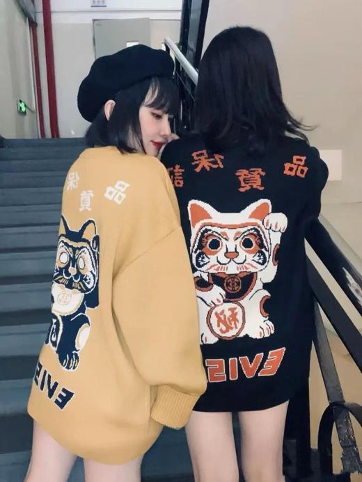 D110234秋冬招财猫嵌花休闲黑色长袖圆领宽松保暖针织衫圆领毛衣 商品图9
