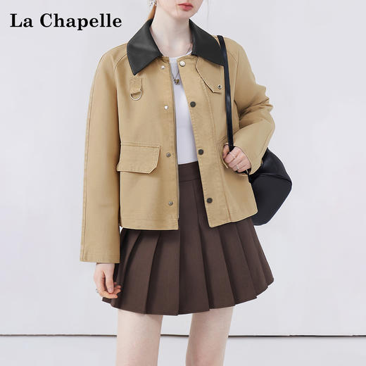 天猫同步【时髦巴恩风】拉夏贝尔/La Chapelle皮质翻领D字环翻盖口袋外套女复古设计感休闲时髦夹克衫 商品图2