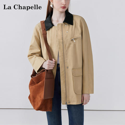 拉夏贝尔/La Chapelle皮翻领翻盖口袋外套女复古时髦宽松休闲夹克上衣 商品图2