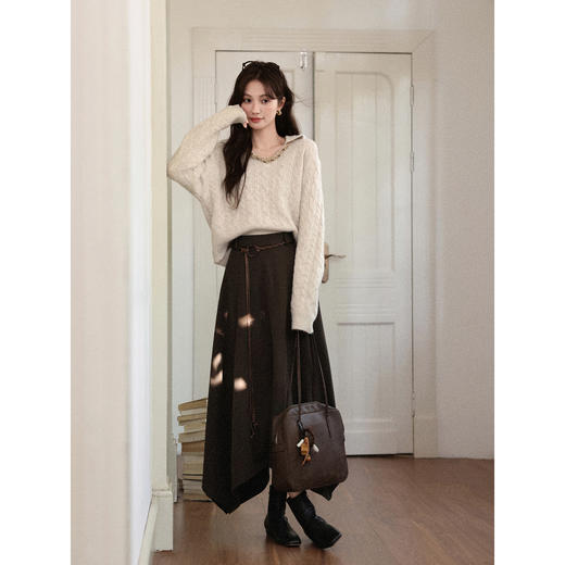 鹿向南「秋颂日记」花杏色气质毛衣女秋新款法式落肩长袖外穿上衣 商品图1