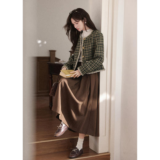 鹿向南「布拉格书店」高腰咖色半身裙女秋新款垂感显瘦长款百褶裙 商品图3