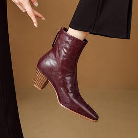 【预售5天】软羊皮高跟短靴女秋季新款简约百搭方头后拉链粗跟女靴子AA&C3345