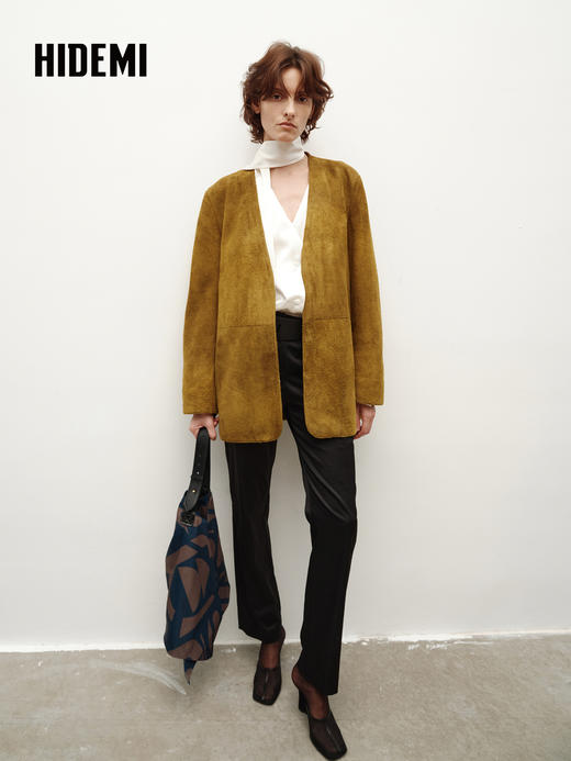 HIDEMI 橄榄姜绿进口长绒绵羊皮麂皮皮衣v领大廓形垫肩西装 商品图9