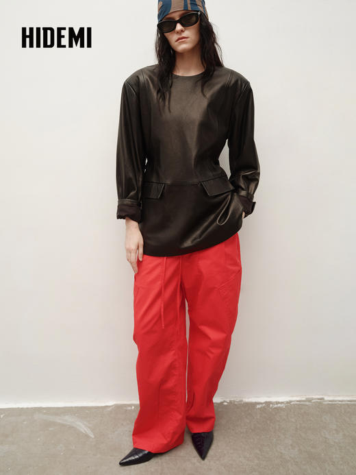 HIDEMI 【吴越同款】进口西班牙胎羊皮经典圆领宽肩套头廓形西装皮衣外套 商品图4
