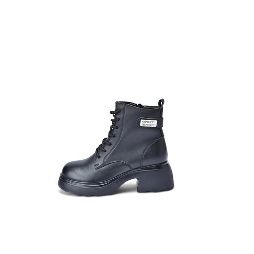 经典鲨2025冬专柜新款牛皮革圆头侧拉链加绒中粗跟马丁靴女KW57-558051 商品图4