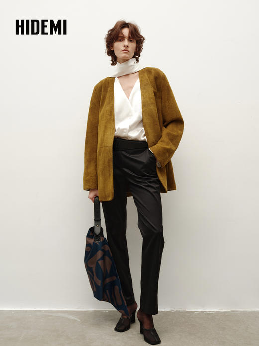 HIDEMI 橄榄姜绿进口长绒绵羊皮麂皮皮衣v领大廓形垫肩西装 商品图10