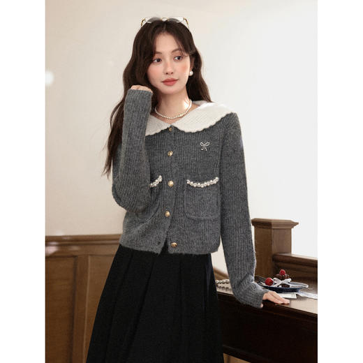 鹿向南「雾都童话」慵懒风娃娃领针织灰色毛衣长袖开衫上衣女秋冬 商品图1