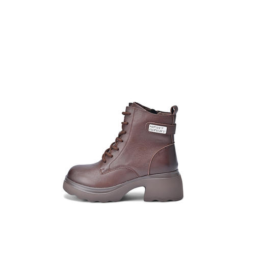 经典鲨2025冬专柜新款牛皮革圆头侧拉链加绒中粗跟马丁靴女KW57-558051 商品图5