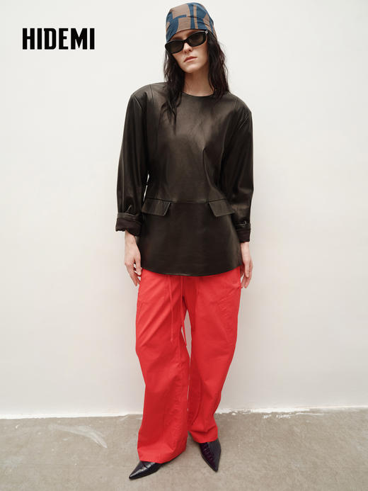 HIDEMI 【吴越同款】进口西班牙胎羊皮经典圆领宽肩套头廓形西装皮衣外套 商品图3
