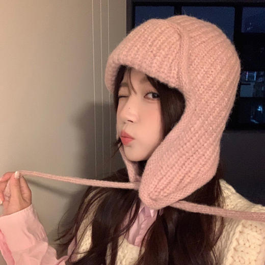 显脸小纯色系带针织毛线韩版出片神器飞行帽保暖护耳学生雷锋帽 商品图1