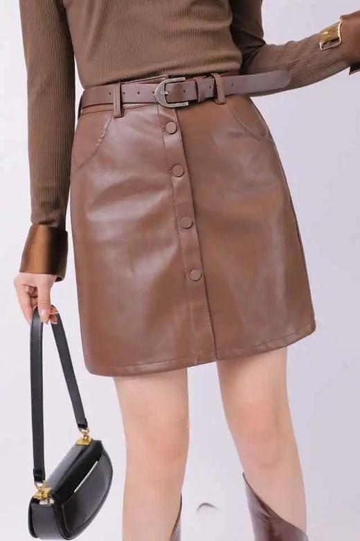 3BAQ045378#重工腰头内包绒边PU皮短裙 商品图0