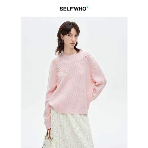 SELFWHO羊绒混纺立体亮片花型圆领毛衣女2025冬季新款宽松针织衫 商品图0