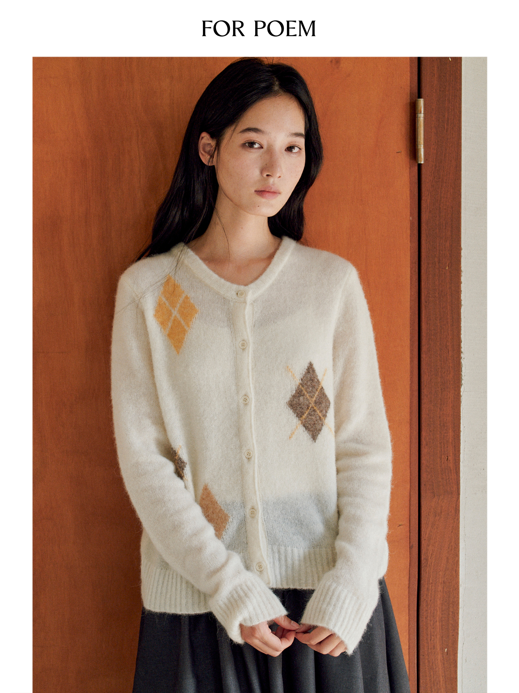 ForPoem 25/FW 原创设计撞色菱形格羊驼毛羊毛针织开衫外套女秋冬