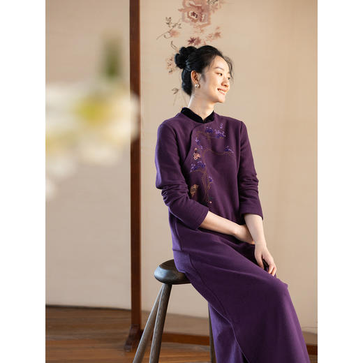 牧衣游原创 手工刺绣32支纯棉连衣裙冬文艺宽松新中式长裙 栖霜叶 商品图2