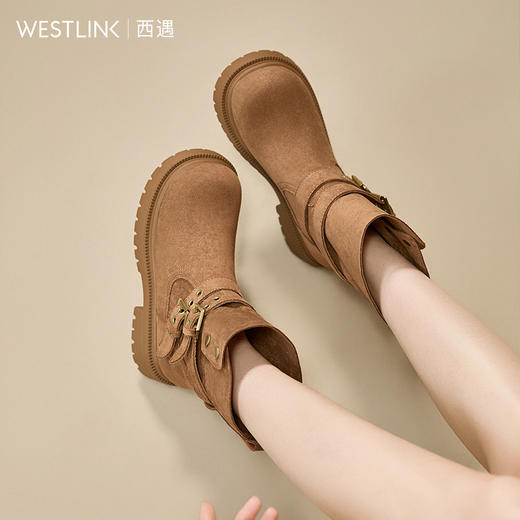 西遇厚底美拉德短靴女新款秋冬两穿翻筒绒面西部牛仔靴马丁靴V2157195 商品图1