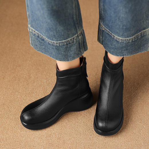 【预售5天】复古风真皮圆头厚底松糕短靴女新款百搭增高休闲马丁靴ASN&3167 商品图4