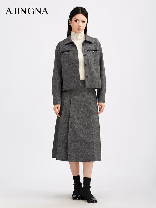 【商场同款】阿菁娜秋季新款新中式半裙星屑灰弹力编织面料前身叠褶设计A30Q113008 商品图0