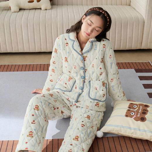 芬腾新款女士睡衣冬季长袖长裤三层夹棉珊瑚绒加厚保暖家居服套装 商品图0