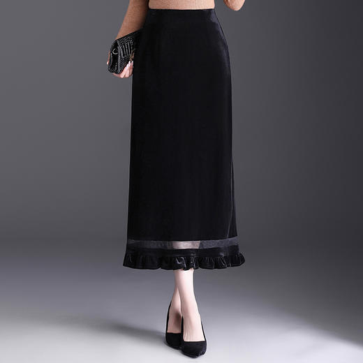 木耳边显瘦黑色半身裙，垂坠感长款修身直筒裙一步裙MYX-JYM-25103-L 商品图0