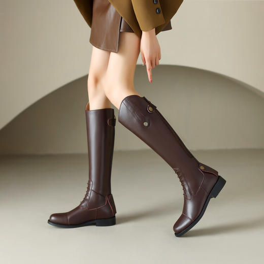 雀说 膝真皮铆钉高筒骑士靴长筒靴子 商品图3
