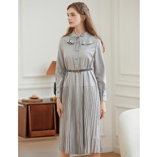 Famecoco范可儿荷叶领系带长裙气质收腰百褶连衣裙DAB6FA008 商品图1