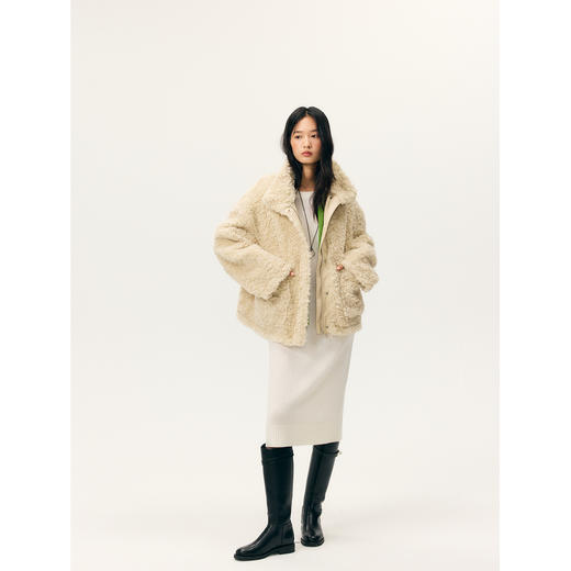 HeyDress羊剪绒卷毛立领拼皮外套 商品图1