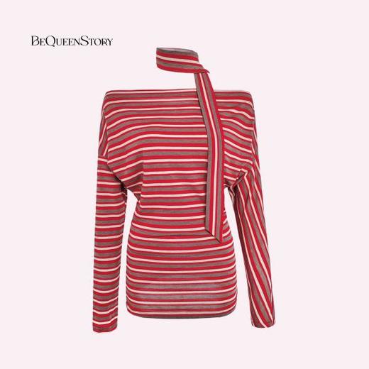 余潇潇【慵懒时髦精】设计感莱赛尔条纹一字领长袖上衣配飘带 商品图2
