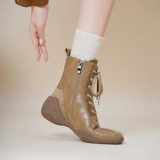 【预售5天】超软厚底运动短靴女冬加绒真皮瘦瘦靴内增高马丁靴DTN&266-20 商品图0