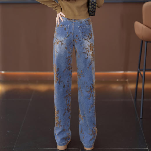 YM 6622-76雪尼尔提花直筒牛仔裤时髦洋气高腰显瘦阔腿裤 商品图3