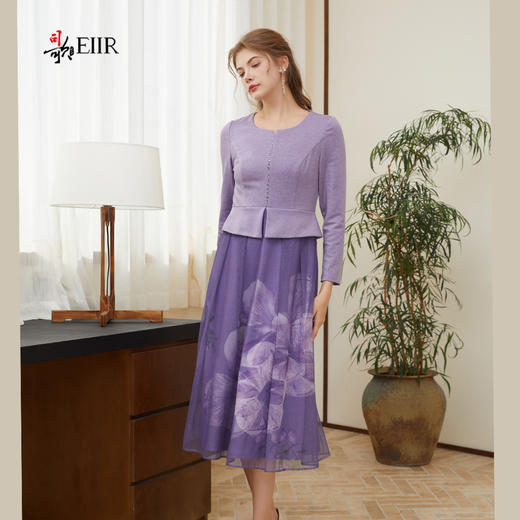 司歌假两件拼接长袖圆领印花压褶连衣裙秋冬A921118X 商品图1